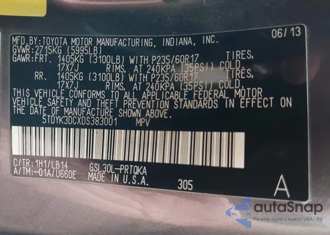 2013 Toyota Sienna Xle V6 8 Passenger из США, поврежденный, VIN 5TDYK3DCXDS383001